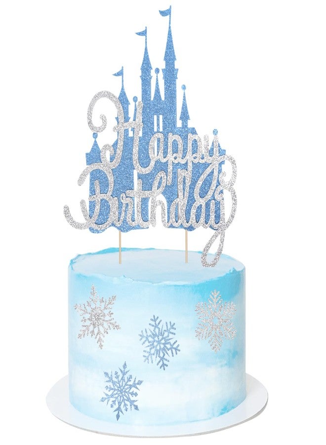 Wootkey 2Pcs Frozen Castle Cake Toppers Blue Princess Cake Decorations Frozen Theme Birthday Castle Party Picks for Winter Wonderland New Year Party Supplies - Image 1